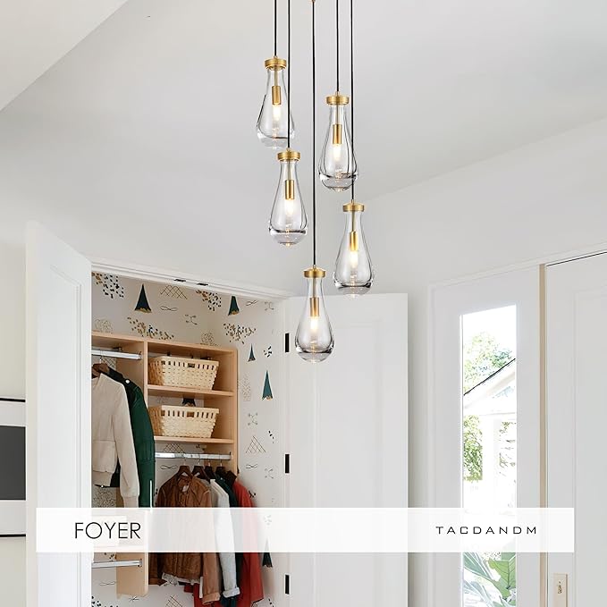 5-Light Raindrop Pendant Light Fixtures, Brass Glass Pendant Lighting, Teardrops Modern Hanging Light for Entryway Foyer Kitchen Island Dining Living Room Hallway