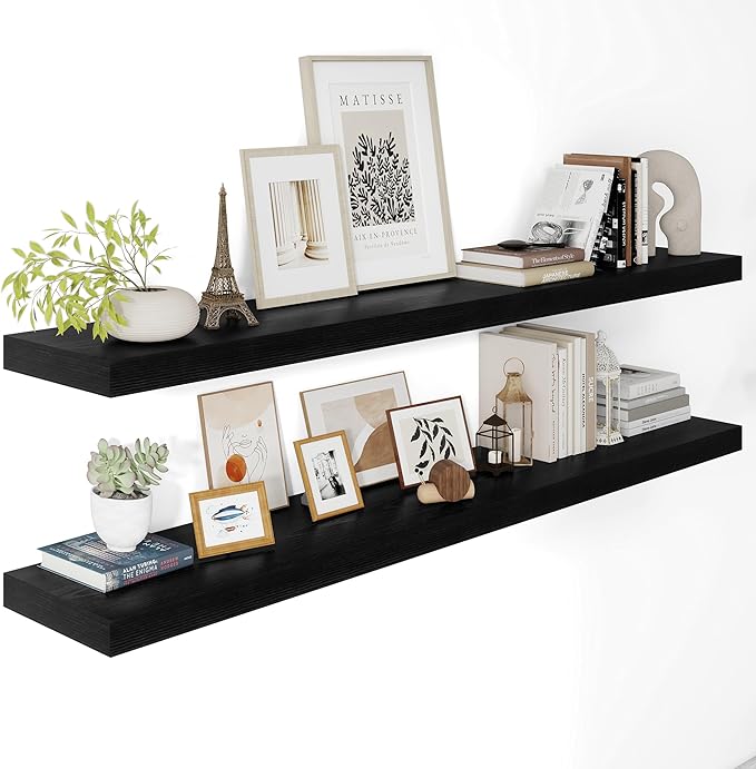 Black Floating Shelves for Wall 55 Inches Long, 12" Deep Wall Shelves 2" Thick, Heavy Duty Shelf for Bedroom, Bathroom, Living Room, Kitchen, Office, Home Decor, Modern Shelf Set of 2, 55" X 12" X 2"