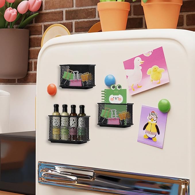 Black Magnetic Basket, Magnetic Organizer Holder Refrigerator Basket, Magnetic Baskets Heavy Duty, Magnetic Holder for Refrigerator Locker Whiteboard Office,Medium x1&Small x2 Set of 3
