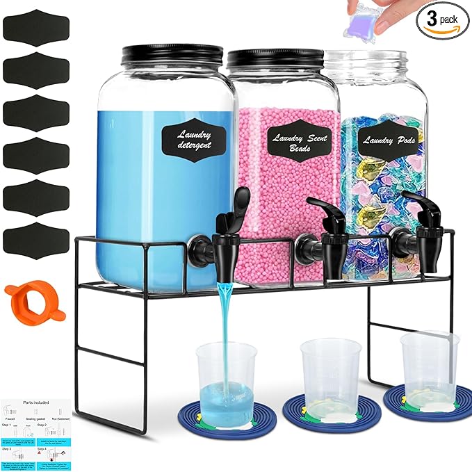 3-Pack 2.2L Glass Laundry Detergent Dispenser Set with Stand - Premium Liquid Soap Dispenser with PP Spigots, Measuring Cups, and Chalkboard Labels for Laundry Room Organization and Storage