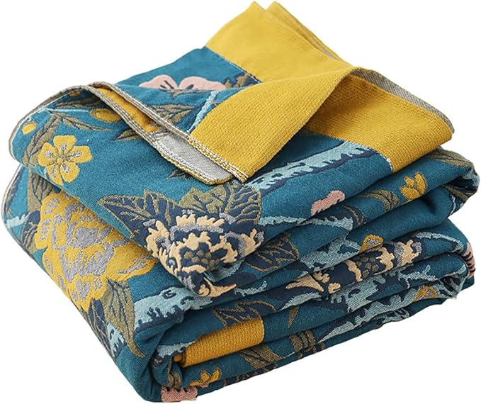 Boho Muslin Blanket for Adults 4-Layer Gauze 80 x 90 Inches Soft Cozy 100% Cotton Summer Cooling Blanket Floral Decor for Sofa Bed Coverlet Both Sides (Flowr Branch Teal, 80 x 90 in)