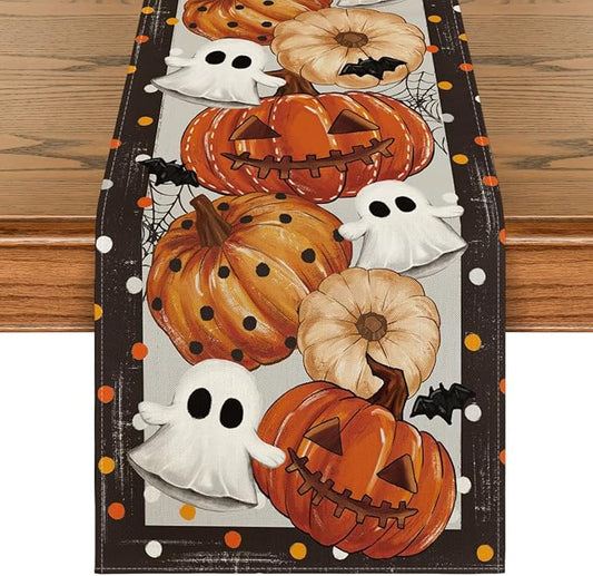 Artoid Mode Jack-O'-Lantern Pumpkin Ghost Spider Web Halloween Table Runner,Holiday Kitchen Dining Table Decoration for Home Party Decor 13 x 72 Inch