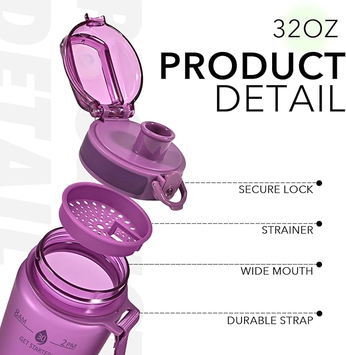 32oz Motivational Water Bottles with Time Marker & Fruit Strainer, Transparent Gradient Color Water Bottle with Times to Drink, Leakproof & BPA Free, Reusable Bottle with Strap (No Straw)