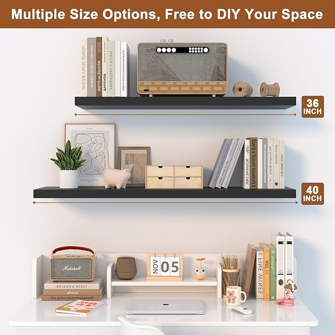 48 Inch Floating Shelf 1 Pack Large Floating Shelves for Wall No Drilling Accessories Included Deep Wall Shelves for Living Room Kitchen Farmhouse 48" W x 12" D x 1.2" Black