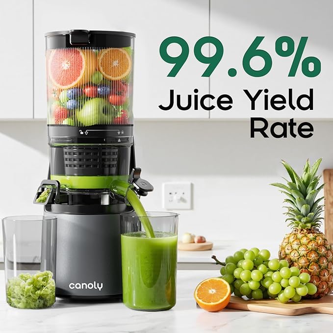 Canoly C16 Cold Press Juicer, 6" Extra Wide Feed Chute, 3-IN-1 Strainers (Juice & Sorbet & Nut Milk), Powerful AC Brushless Motor, Self Precut System, Juicer Machines with BPA-Free (Space Gray)