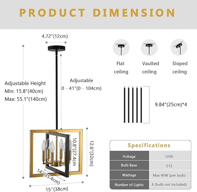 ANKYLHUA Small Black Gold Chandelier,6-Lights Ceiling Light Fixture E12,Adjustable Hight Pendant Lights Kitchen Island,Chandeliers for Dining Room Bedroom,Entryway,Foyer