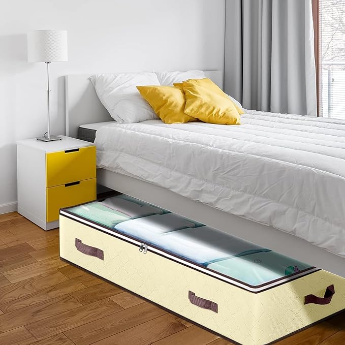 90L Under Bed Storage Containers, Closet Organizers and Storage Bins, Foldable Underbed Storage Bags for Blankets, Towels, Comforter, Sweaters, Pillows, Linen Sheets, Wrapping Paper, 4 Pack Beige