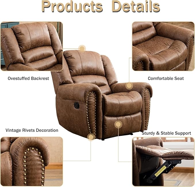 CANMOV Leather Recliner Chair Set of 2, Classic and Traditional Manual Recliner Chair with Comfortable Arms and Back,Manual Single Recliner Sofa for Living Room, Nut Brown