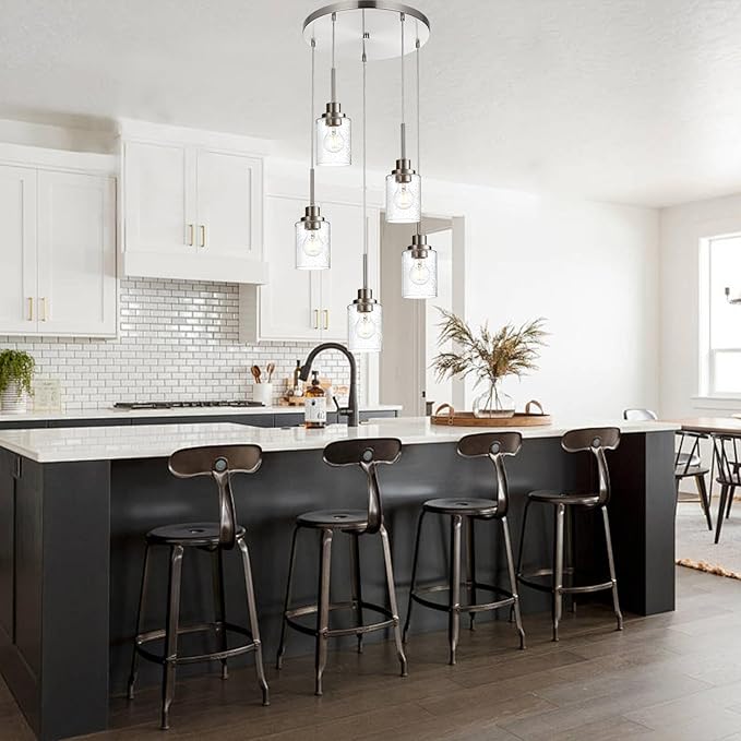 5 Light Farmhouse Pendant Lighting for Kitchen Island,Brushed Nickel Dining Room Cluster Pendant Light Fixtures Hanging Ceiling with Seeded Glass,Modern Pendant Light for Entrance Stairwell