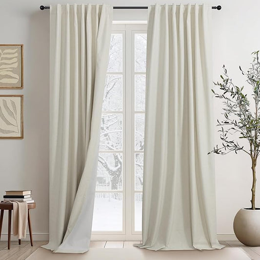 95 Inch Curtains 2 Panels Set UV/Heat Blocking for Summer Modern Farmhouse Beige Curtains for Living Room Darkening Curtain for Sliding Glass Door Patio Linen Blend Blackout Drapes Back Tab 52x95 Long
