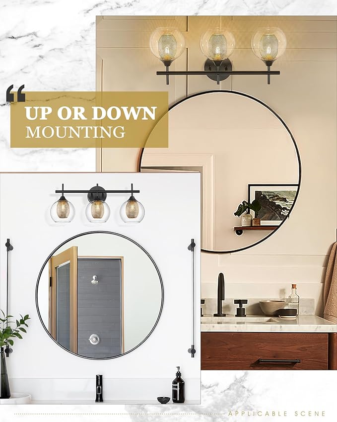 Bathroom Light Fixtures, 3-Light Black and Gold Vanity Lights Over Mirror, Farmhouse Wall Sconce Lighting with Clear Glass and Honeycomb Metal Shade, AD-22001-3W-BK