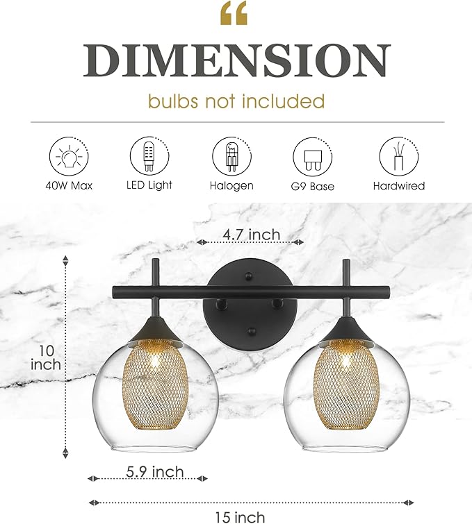 Black and Gold Bathroom Light Fixture, Farmhouse Wall Sconce Lighting with Clear Glass and Honeycomb Metal Shade, 2-Light Black Brass Vanity Light Over Mirror, AD-22001-2W-BK