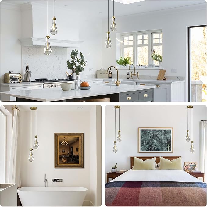 Brass Raindrop Pendant Lights Kitchen Island 2-Light, Cluster Gold Pendant Light Fixture for Bedroom, Dimmable Dining Room Light Fixture Hanging Pendant Lighting Ceiling Chandelier for Foyer