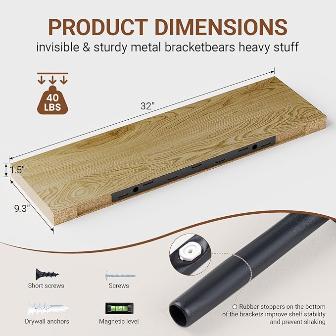 Heimlove 32 Inch Floating Shelves for Wall,Oak 9.3" Deep Floating Shelf Set of 2,Wall Mounted Shelves for Bathroom Bedroom Living Room Kitchen Office,Shelf for Books Storage Room,Home Decor