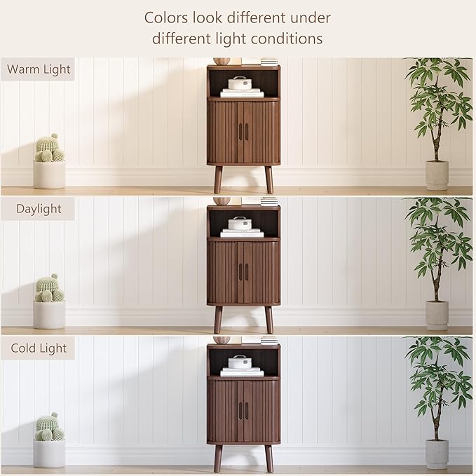 Alohappy Mid Century Modern End Table with Sliding Tambour Door, Fluted Wood Nightstand, Curved Round Edge Side Table with Storage Cabinet for Bedroom, Living Room, Walnut