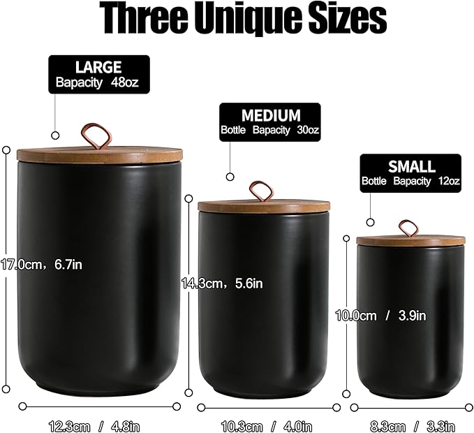 Black Ceramic Canister Set with Wooden Lid, 3-Piece Food Storage Jars for Kitchen Counter, Storage Container for Coffee, Tea, Spice, Sugar, Grains, Salt