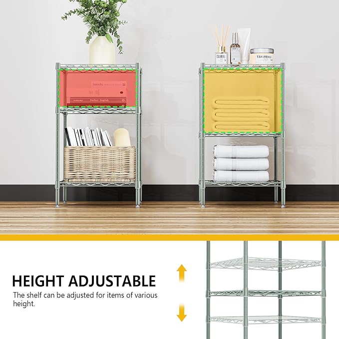 750 lbs 3-Shelf Storage Shelves Wire Shelving Unit Standing Metal Rack for Small Places Narrow Wire Rack for Bathroom, Green 13.8 D x 13.8" W x 25.5" H