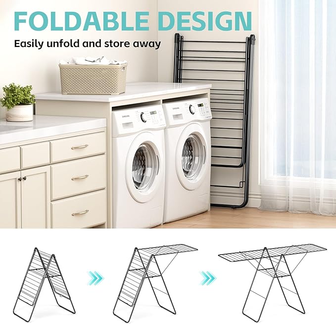 APEXCHASER Clothes Drying Rack, Oversized Drying Rack Clothing with Height-Adjustable, Foldable Gullwings Metal Laundry Rack, Indoor Outdoor Use, No Assembly, Black