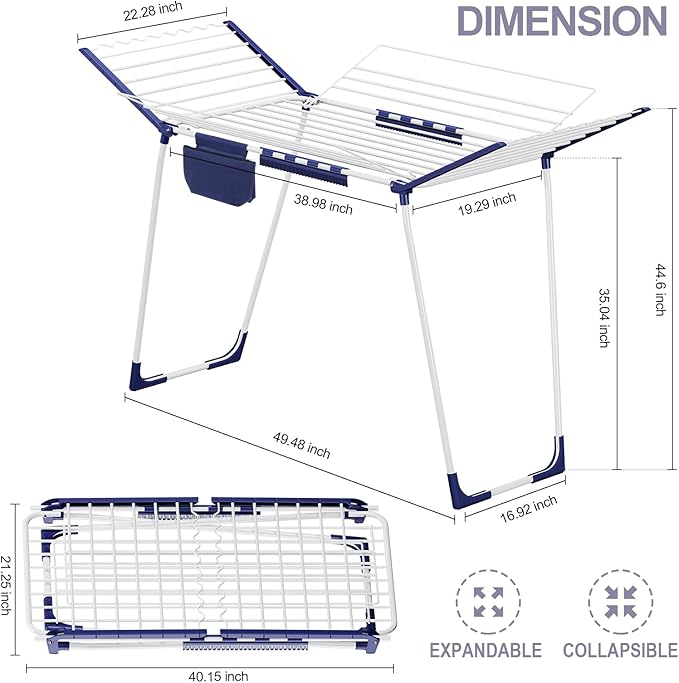 APEXCHASER Clothes Drying Rack Foldable, Drying Rack Clothing Large Space, Winged Laundry Rack with Sock Clips for Hanging Towels Clothes Dress Bedding Indoor Outdoor, White