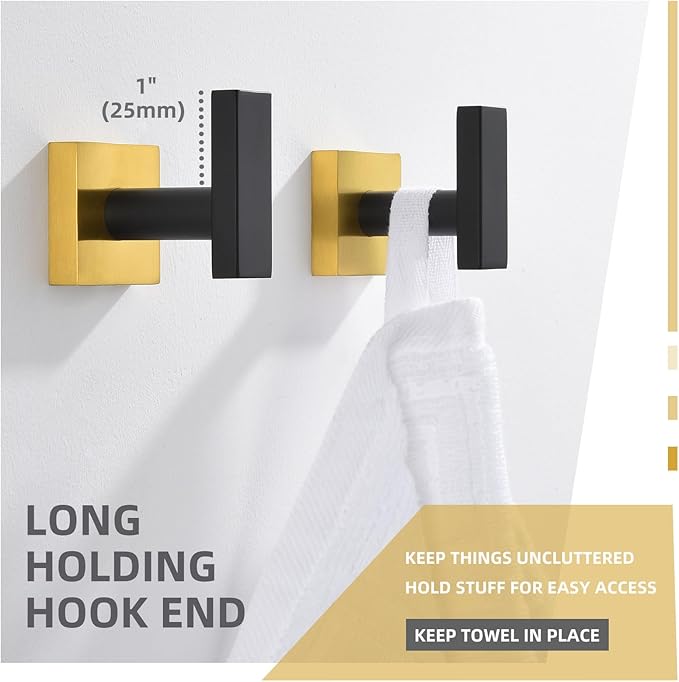Angle Simple Bathroom Towel Hook 2 Pack, SUS 304 Stainless Steel Bath Robe Coat Holder Wall Mounted, Black & Gold