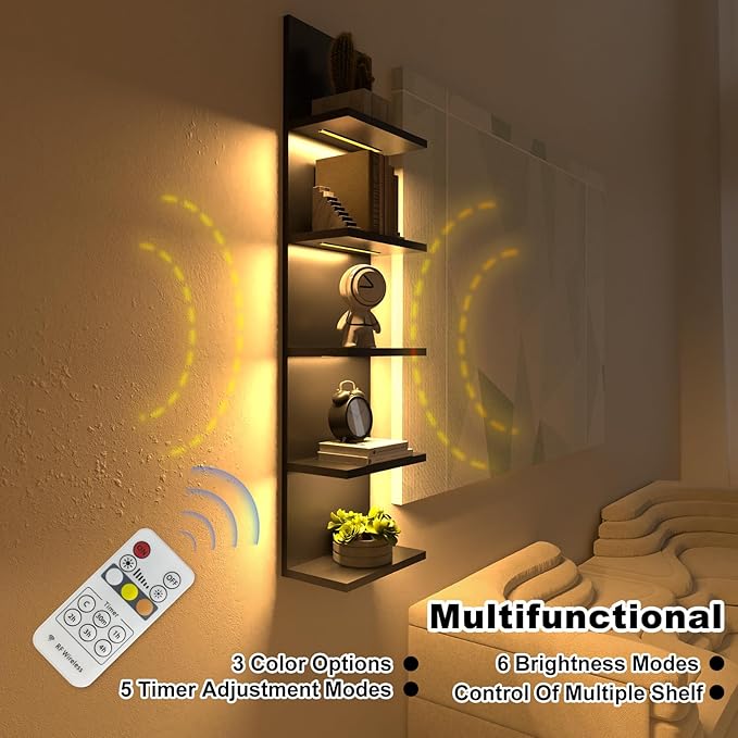 5 Tier Wall Shelf Unit, Black Modern Vertical Lack Wall Shelves with Light, Wall Mount, Floating Column Home Decor Shelves for Bedroom, Living Room, Vanity Storage Display