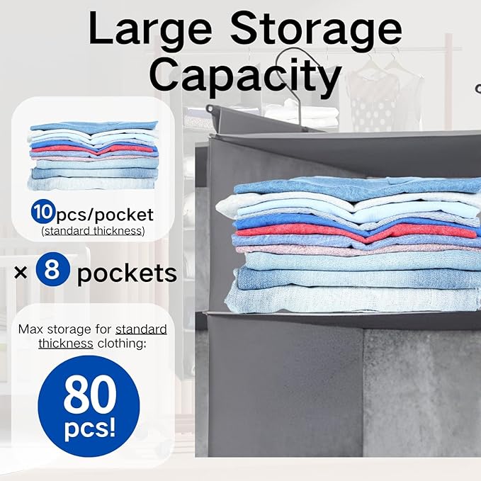 4 Tier Shelf Hanging Closet Organizer, Dual-Row 8 Pocket Cloth Hanging Shelf with 3 Sturdy Hooks for Storage, Foldable (Grey)