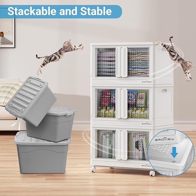 400Qt Stackable Storage Bins with Lids, 100Gal Closet Organizers and Storage Drawer, Plastic Collapsible Storage Bins with Doors, Heavy Duty Store Box Cabinet for Home Kitchen, 4Pack White