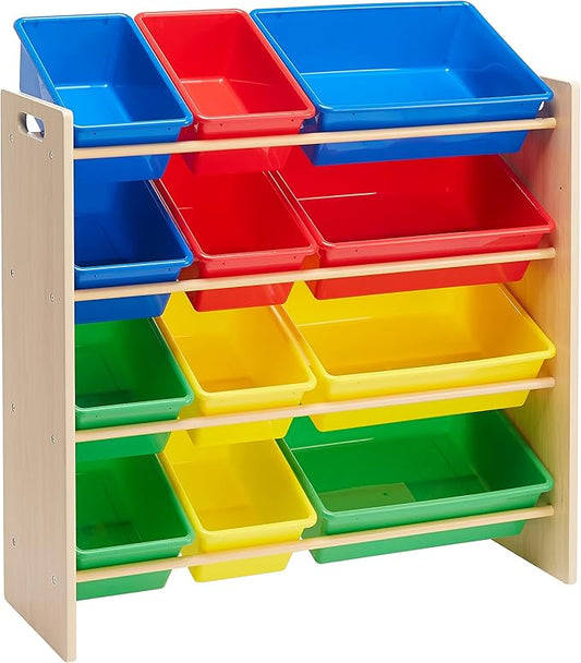 Amazon Basics Kids Toy Storage Organizer With 12 Plastic Bins, Natural Wood With Bright Bins, 10.9" D x 33.6" W x 31.1" H