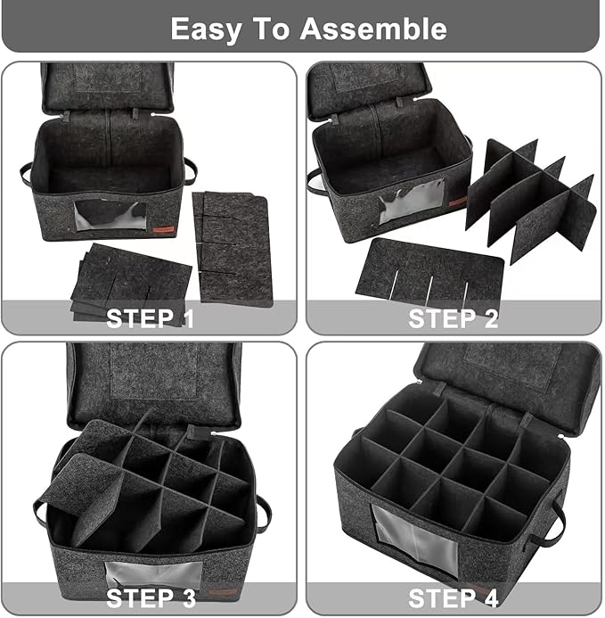 2 Pack Wine Glass Storage Box with Dividers, Stemware Storage Containers for Packing and Moving, China Storage Containers Box for 12 Crystal Glassware, Wine Glasses, Drinkware,Dark Gray