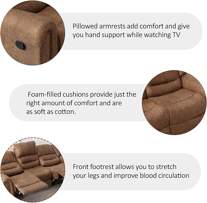 CANMOV Faux Leather Manual Recliner Sofa Set,Manual Reclining Sofa and Recliner Loveseat with Overstuffed Armrest for Living Room,Bedroom Furniture,Office,Nut Brown