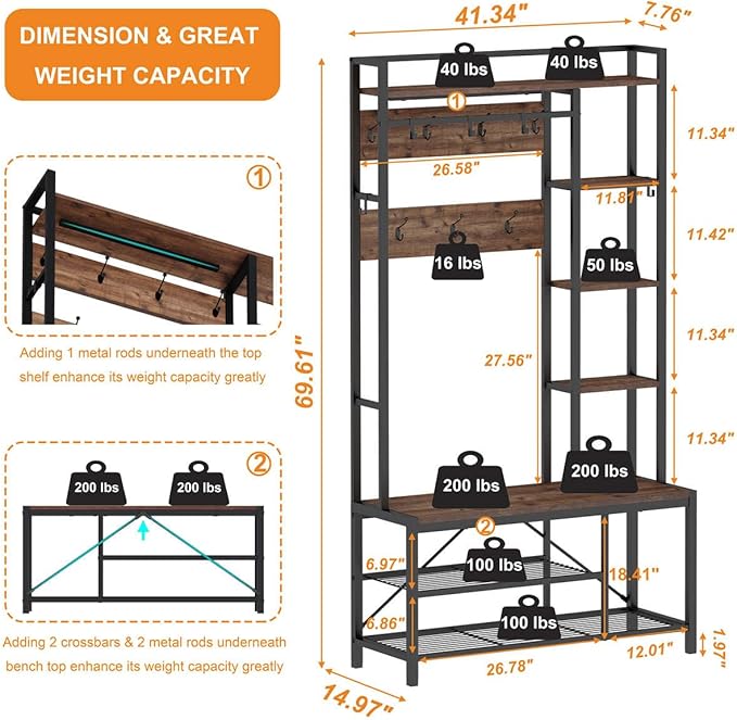 BON AUGURE Hall Tree with Shoe Storage, 5-in-1 Reversible Entryway Bench with Coat Hooks for Hallway, Rustic Wood and Metal Coat Rack with Shelves for Mudroom (Rustic Oak)