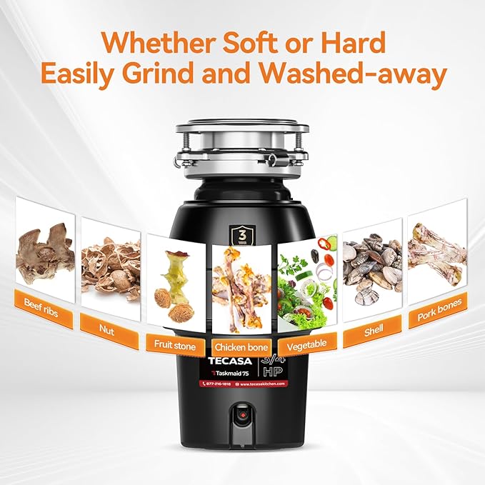 3/4 HP Garbage Disposal, TECASA Food Garbage Disposal with Power Cord, Stainless Steel Grinding System and 3-Bolt Mounting, Continuous Feed Garbage Disposals, Quiet, Taskmaid Series 75