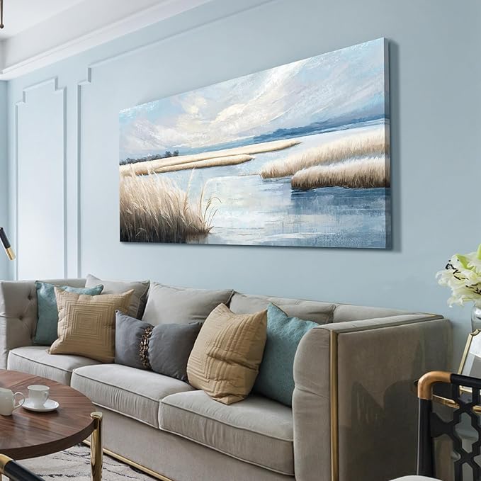 amatop Extra Large Coastal Marsh Landscape Wall Art – Neutral Blue Beige Wetland Canvas Print for Bedroom Living Room Office – Serene Nature Wall Decor,Oversized Ocean Artwork for Home Decoration