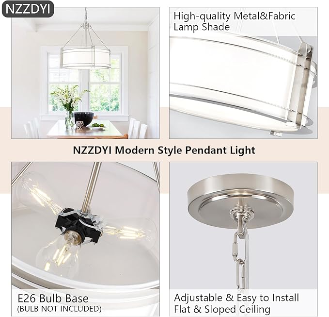 16.3''Drum Chandelier 3-Light Brushed Nickel Modern White Fabric Chandeliers Adjustable Drum Pendant Light for Dining Room Kitchen Island Hallway Living Bedroom