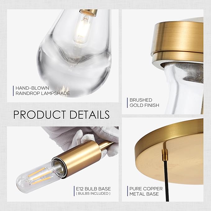 5-Light Raindrop Pendant Light Fixtures, Brass Glass Pendant Lighting, Teardrops Modern Hanging Light for Entryway Foyer Kitchen Island Dining Living Room Hallway