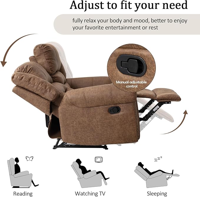 CANMOV Faux Leather Manual Recliner Sofa Set, Manual Recliner Chair, Reclining Loveseat and 3-Seat Sofa for Living Room,Bedroom Furniture, Office,Nut Brown