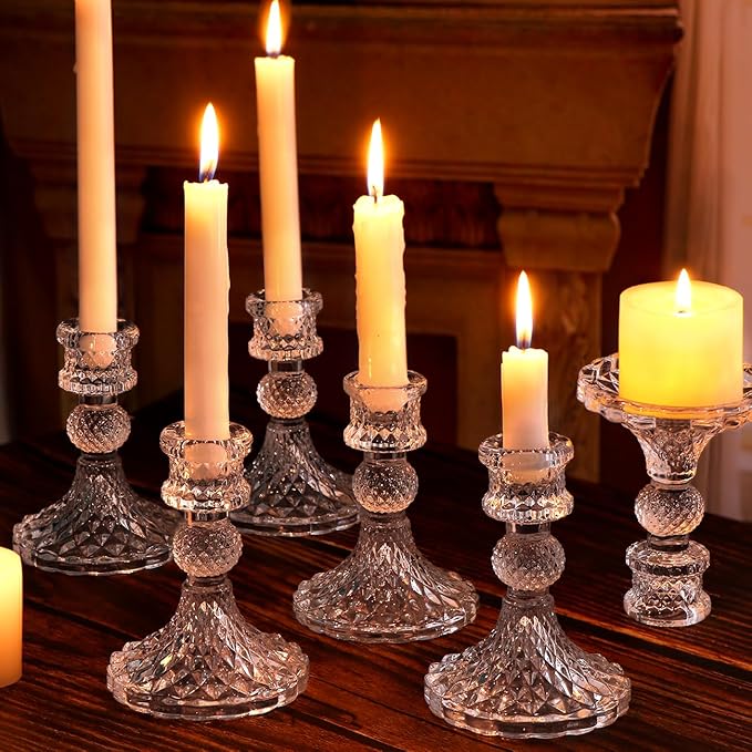 Candlestick Holders Set,12Pcs 4" H Taper Candle Holders Bulk, Clear Glass Candle Holders for Wedding, Spring Party, Romantic Dinner, Festival & Windowsill Decor