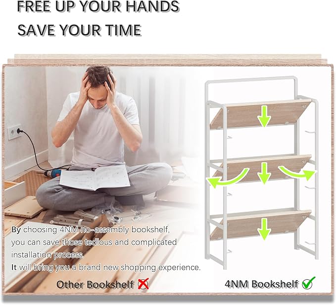 4NM No Assembly Foldable Bookshelf, 3-Shelf Collapsible Bookcase Storage for Small Spaces, 42.1" H, Natural White