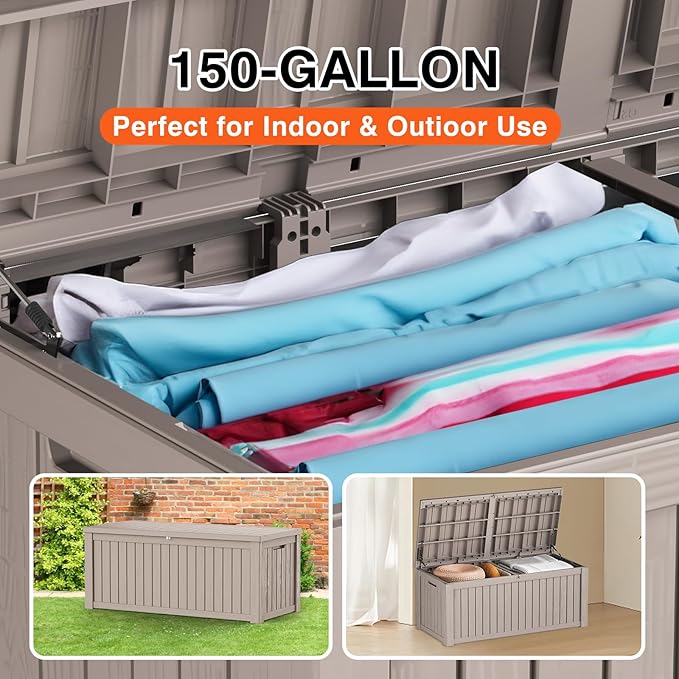 150 Gallon Outdoor Storage Cabinet, Large Outdoor Storage Box for Patio Furniture Covers, Cushion Pillows, Waterproof Deck Box with Lockable Lid for Garden Tools, Pool Accessories, Taupe