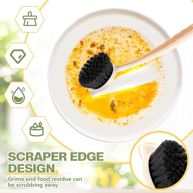 16 Pack Dish Brush with Handle Dish Scrubber Brush with Built-in Scraper Kitchen Scrub with Stiff Bristles Long Scrubber for Home Restaurant Pot Sink Washing Cleaning Supplies, Beige