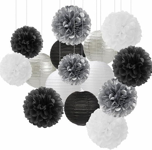 Black White Silver Party-Decorations Paper Flowers Lanterns - 15PCS Birthday Halloween Wedding Tissue Pom Poms Streamers, Halloween Prom Baby Shower Bachelorette Hanging Supplies Decor Hugfond