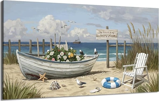 amatop Oversized Coastal Canvas Wall Art – Nautical Seaside Landscape Floral Boat on Sandy Beach Ocean Seabirds Horizontal Decor Large Wildflower Nature Artwork for Living Room Bedroom Office 58×29 Inch