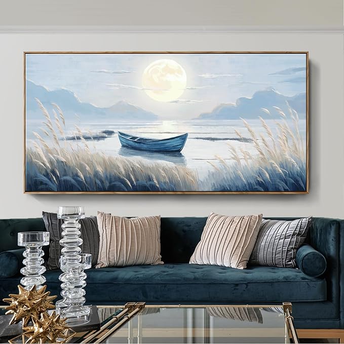 amatop Oversized Framed Coastal Wall Art for Living Room Blue Boat Moon Sea Picture Landscape Canvas Print Calming Night Ocean Lake Scene Large Artwork Nautical Bedroom Office Wall Decor 58x29 In