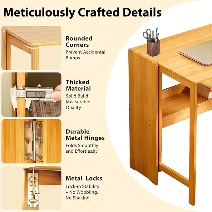 39.37" Bamboo Folding Desk,Space-Saving Computer Desk for Small Spaces, Foldable Study Table for Bedroom, Home Office, Dorm, Apartment (Natural)
