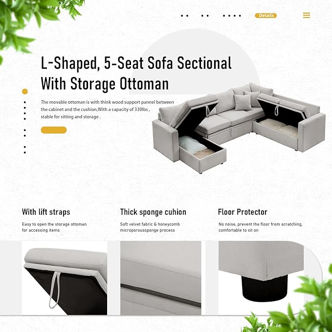 7 - Seater Sofa Bed, Large U - Shaped Modular Sectional Sofa, Oversized Pull - Out Sleeper with Storage for Living Room, Light Grey