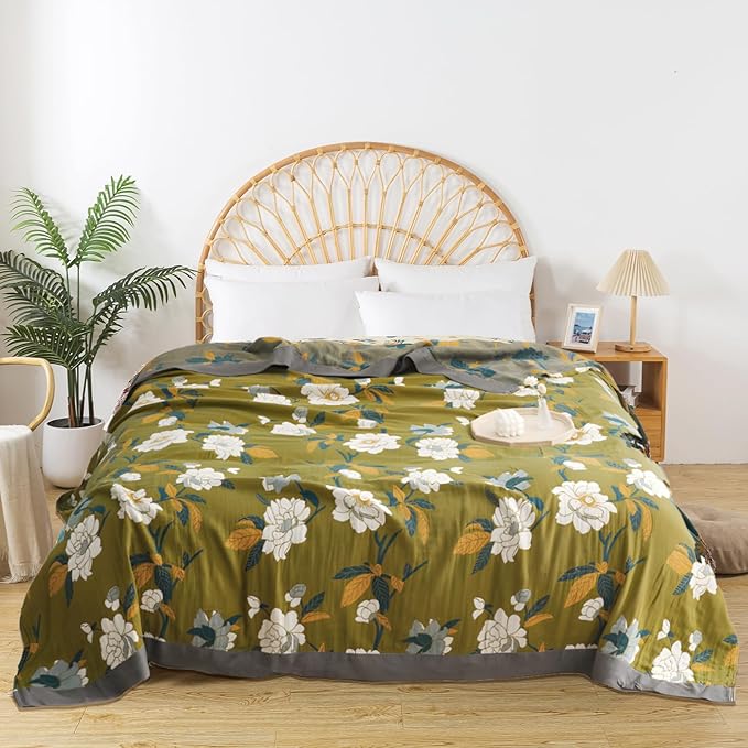 Boho Throw Blanket for Bed - 100% Pure Cotton Ultra Soft Rustic Quilt - Farmhouse Decor Bed Blankets, All Season Rustic Throw for Sofa Couch Chair(91''x 98'', Flower Branch)
