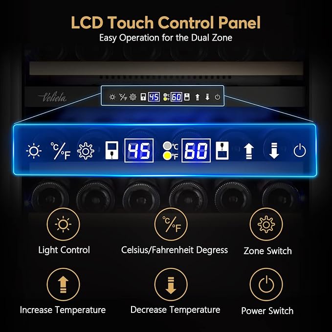 24 Inch Wine Cooler Fridge Dual Zone, Professional Large Capacity High Wine Refrigerator with Powerful Compressor, Quiet Operation and Elegant Design-KMHJ408D