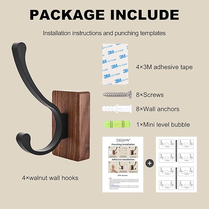 6 Pack Wooden Wall Hooks for Hanging, Adhesive Mounted & Wall Mount Nature Wood Coat Hooks for Towel Clothes Blanket Hat Backpack Robe Nursery Door Board Entryway Key Holder