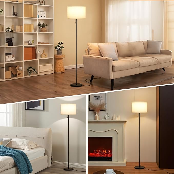 Ambimall Floor Lamps for Living Room with 3 Color Temperatures Bulb & Pull Chain Switch, 60" Modern Standing Floor Lamp for Bedroom Kids Room Study Room（Dark Beige Shade & Black Pole）