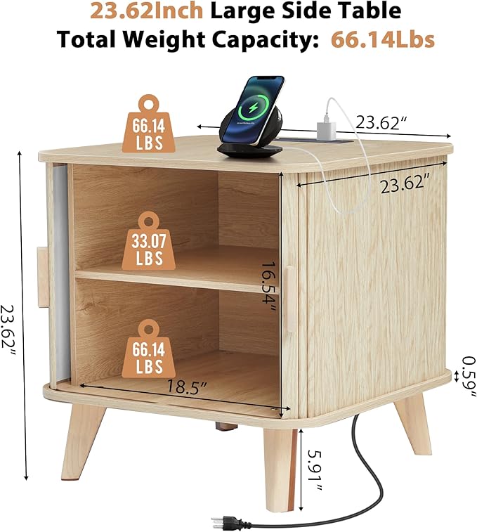 AVZEAR 24" Large Square End Table with Charging Station, Farmhouse Fluted Sofa Side Table with Sliding Tambour Door & Storage, Curved Rustic Wood Nightstand for Living Room, Bedroom, Natural